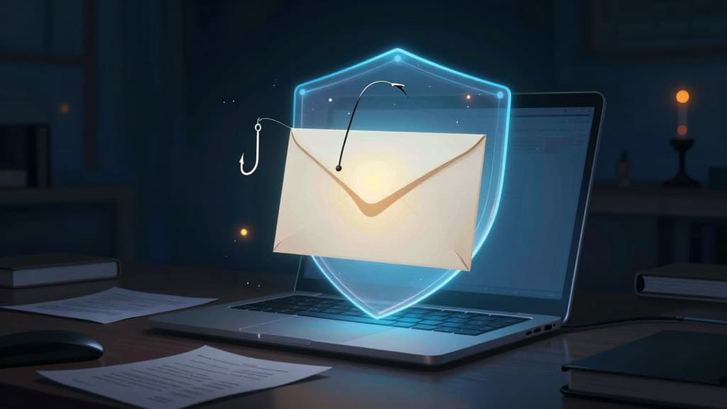 Illustration of an email envelope on a fishing hook floating over a laptop, with a glowing protective shield behind it.